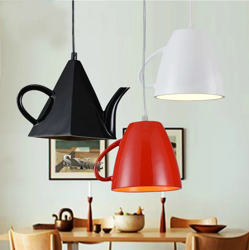 Modern resin teapot pendant lights Tea cup Pendant lamp bar/coffee lighting E27 Single head white/Black/Red home decoration modern resin material creative droplight teapot shape lampshade e27 holder white black red pendant lights for restaurant decor
