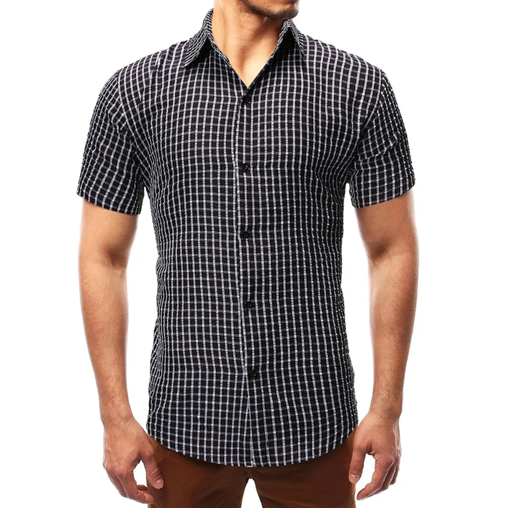 

Shirts Men Summer Top Slim Casual Blouse Turn-down Collar Shirt Plaid Button Short-sleeved Men Shirt camisas chemise homme