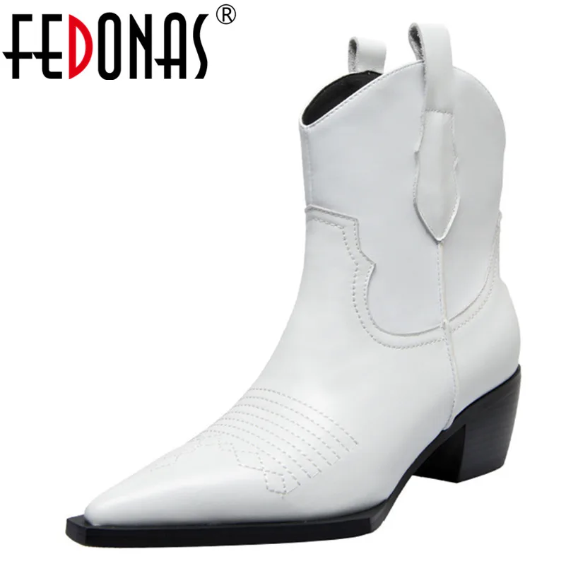 FEDONAS/Новые Модные женские ботильоны удобные ковбойские ботинки на высоком каблуке с острым носком без застежки вечерние полусапожки из