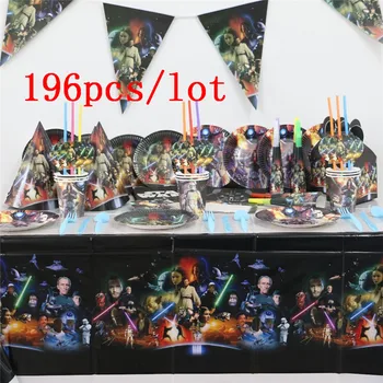 

Hot Sale 196pcs/lot Star Wars Theme Child Birthday Paper Cup+Plate+Straw+Flag+Tablecover Festival Wedding Invitation Card Supply