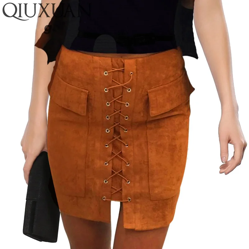 QIUXUAN Vintage Autumn Fashion Women Skirt Cross Lace up