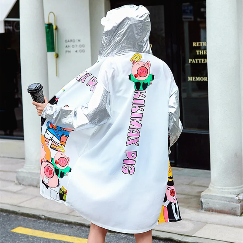 

Spring Summer Women's Hooded Long Maxi Blouses Shirt Print Women Cartoon Patchwork Spliced Blusas Feminina For Young Lady NS819