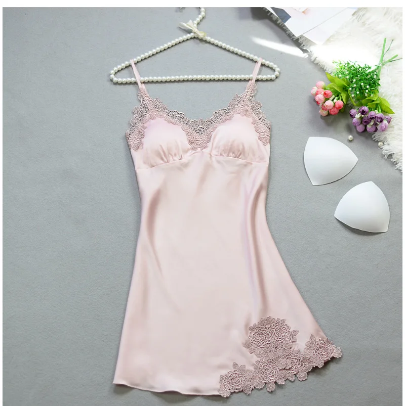 Sexy Silk Lace Sleepwear Dress Women Summer Solid Satin Nightgown Spaghetti Strap Sleeveless Nightwear Lingerie Sexy Night dress (8)