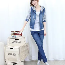 Женский синие джинсы с капюшоном Длинные рукава джинсовая куртка Верхняя одежда с печворк пальто осень с капюшоном Сращивание короткая джинсовая куртка 022505