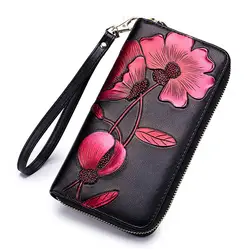 Модный кошелек из натуральной кожи с цветочным узором для девочек, Женский Длинный кошелек для девочек, Дамский клатч, портмоне для монет