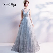 Это Yiiya светильник, серое роскошное вечернее платье с v-образным вырезом, украшенное блестками, длина до пола, известный дизайнер, вечерние платья LX264