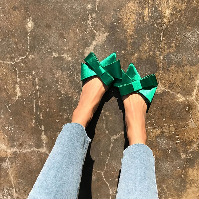 

Hot Sale Women Shoes Korean Silk Satin Pointed Bow Tie Slippers Baotou Flat Heel Sets Semi Slippers Big Size Mules Women