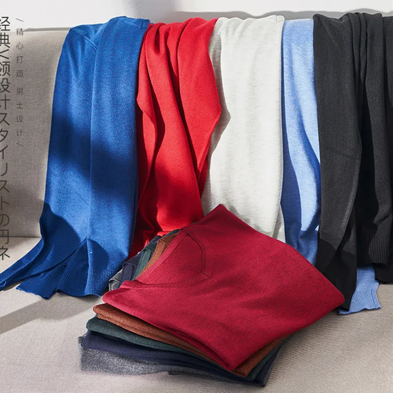 

2019 New Autumn Men Simple Solid color V-Neck wool Sweater fashion Cashmere Cotton Casual Knitted Pullovers sweater 3XL 4XL