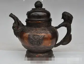 

S00588 7"marked chinese bronze Garuda elephant beast statue yellow Wine Tea Pot Flagon