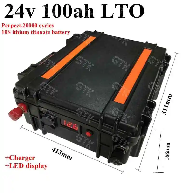 GTK customized LTO 24V 100ah Lithium titanate battery pack 100A BMS for 2400W Solar inverter golf cart lamp vehicle +10A Charger |