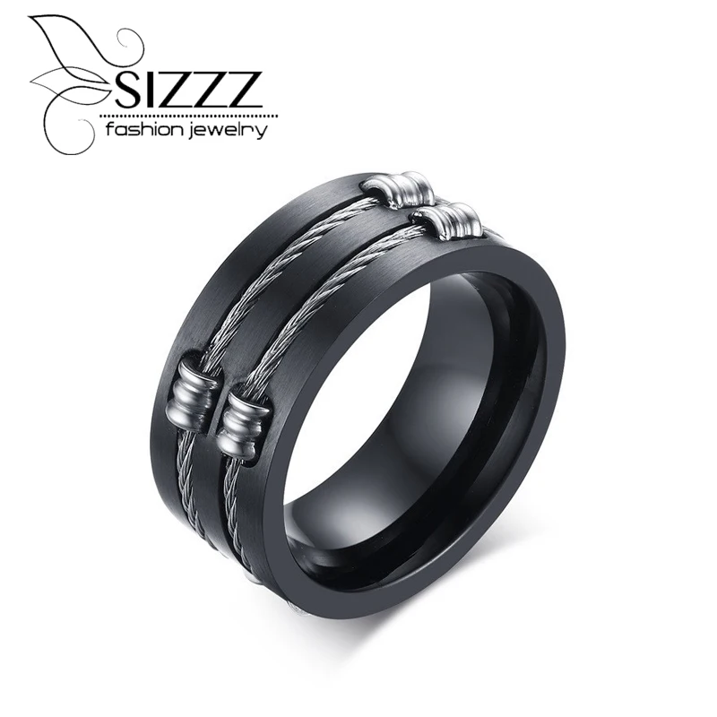 

SIZZZ Men's Black Ring Stainless Steel Cool Wire Rings For Male Punk Rock
