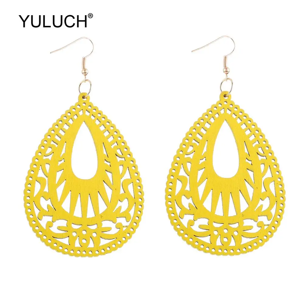 

YULUCH Fashion Pop Women Jewelry Hollow Wooden Big Water Drop Earrings For Women Vintage Ethnic African Indian Pendant Earrings