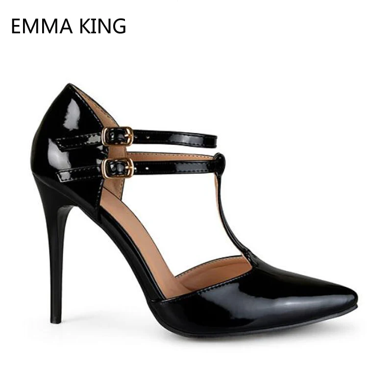

Black Patent Leather T-strap Pumps Pointed Toe Sexy Stiletto Heels Shoes For Women Shallow Fashion Party Office Ladies Shoes