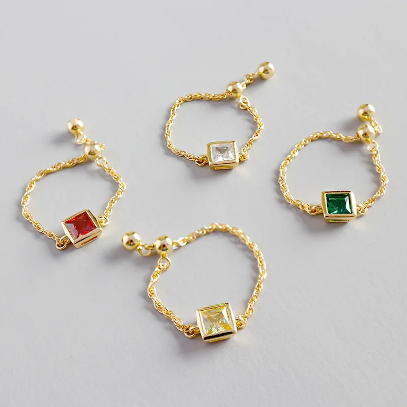 

100% 925 sterling silver adjustable rings for women aneis square red/yellow/green crystal ring bague femme argent 925 jewelry
