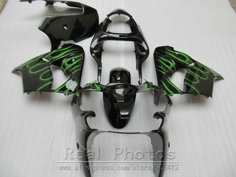 Обтекатель комплект для Kawasaki Ninja ZX9R 2000 2001 зеленое пламя черное Мотоцикл