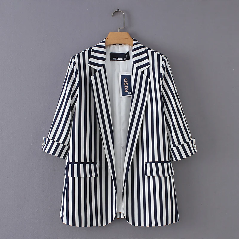 

Women casual half sleeve blazers Black striped Chiffon SML summer coats polyester notched drop shipping 18NovW1