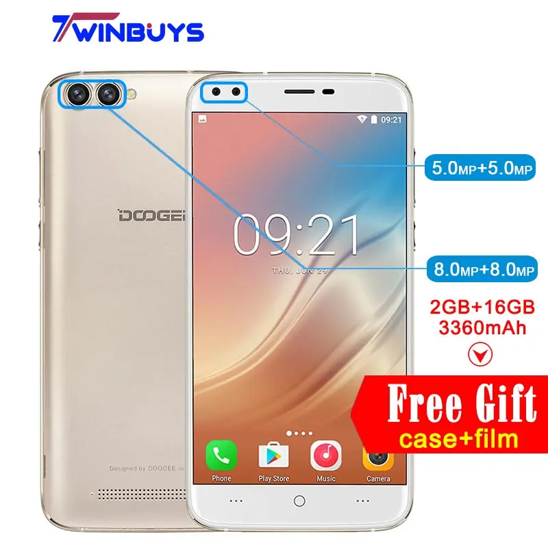 DOOGEE X30 Smartphone 4 Cameras 2*8.0MP+2*5.0MP Android 7.0 3360mAh 5.5'' HD MTK6580A Quad Core 2GB RAM 16GB ROM Mobile phone |