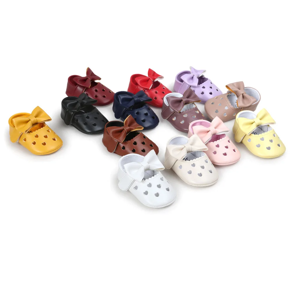 

Baby Cute Colorful Newborn Toddler Girl First Walker Shoes Baby Bowknot Decoration Heart Hollow Out Shape Soft Sole Prewalker