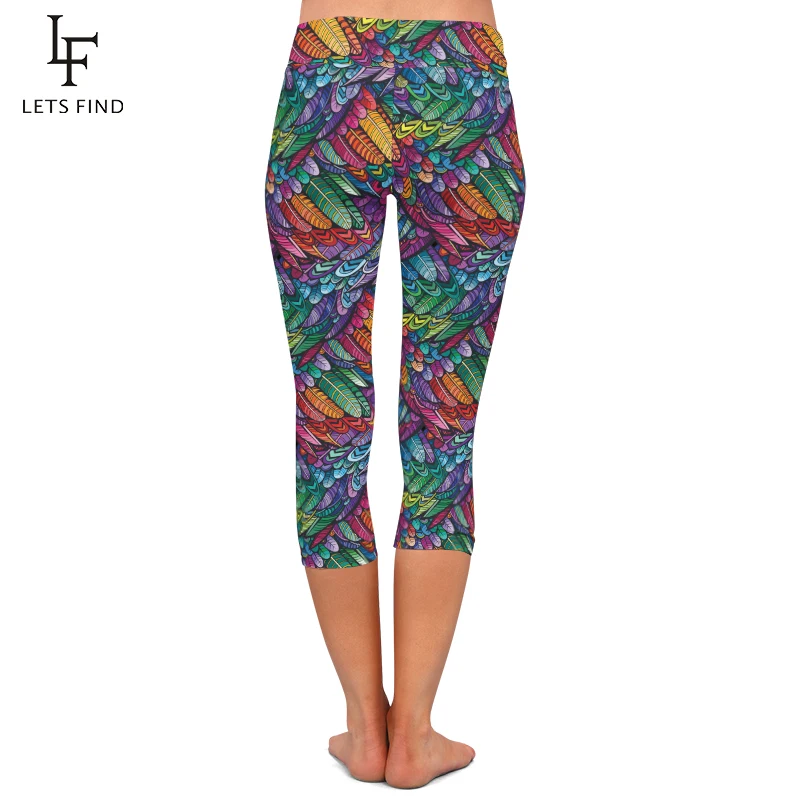 lululemon leggings LETSFIND Summer Style 3D Colorful Feathers Design Digital Printing Capri Leggings High Waist Women Mid-Calf 3/4 Pants Plus Size tights for women
