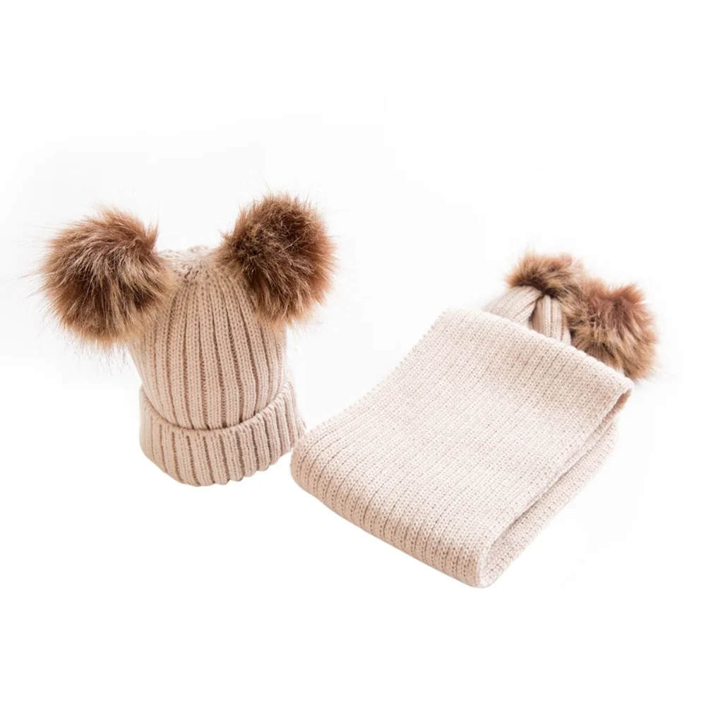 Puseky/зимняя теплая шапка для маленьких мальчиков и девочек, меховой шар-помпон, вязаная шапка, Теплая Шапка-бини, лыжная шапка+ шарф, набор головных уборов