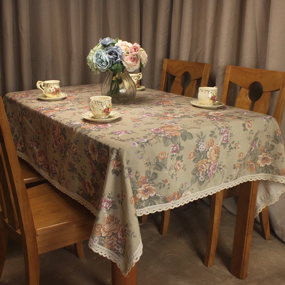 

CURCYA Brown Tablecloth Pastoral Spring Summer Flowers Table Cover for Dining Tables Lace Decorative Tea Coffee Table Cloth