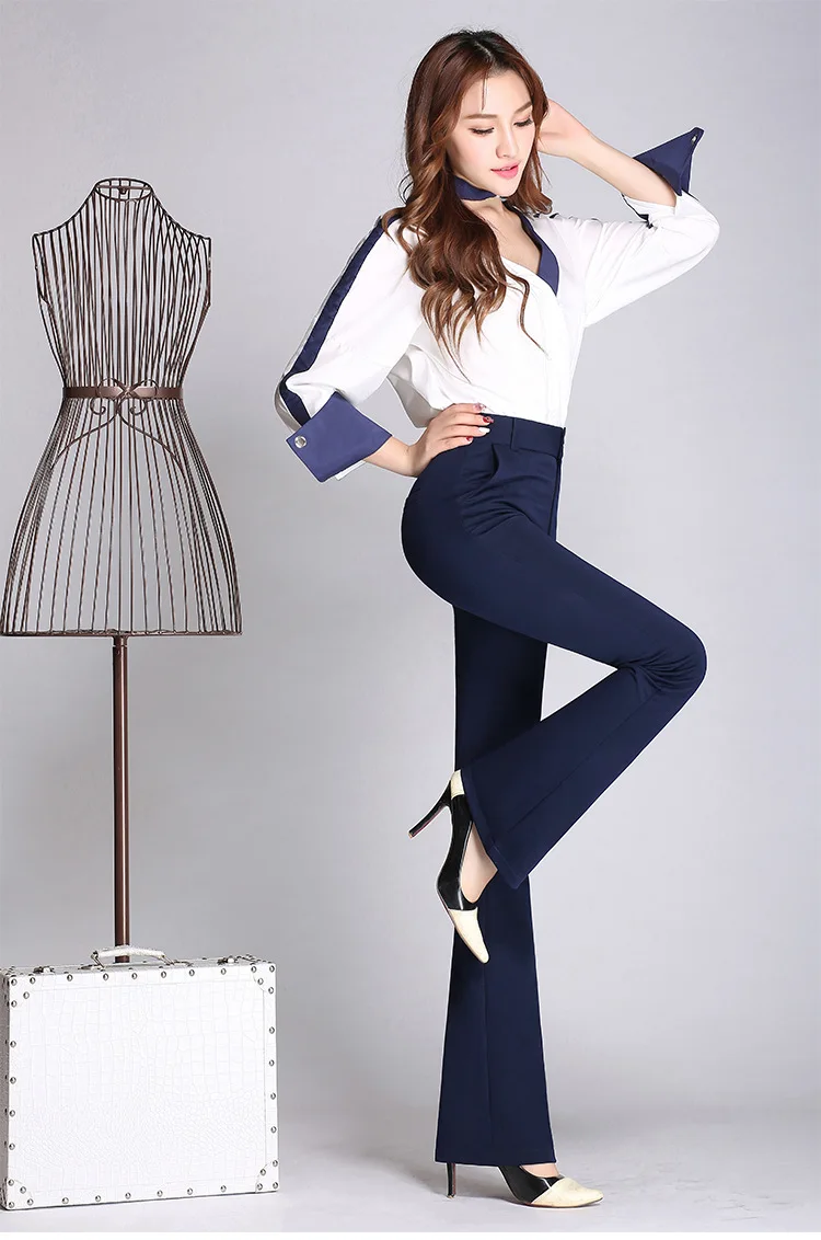Расклешенные Брюки женские осенние с высокой талией эластичные тонкие яркие цвета 26~ 35 длинные женские брюки рабочая одежда Femme
