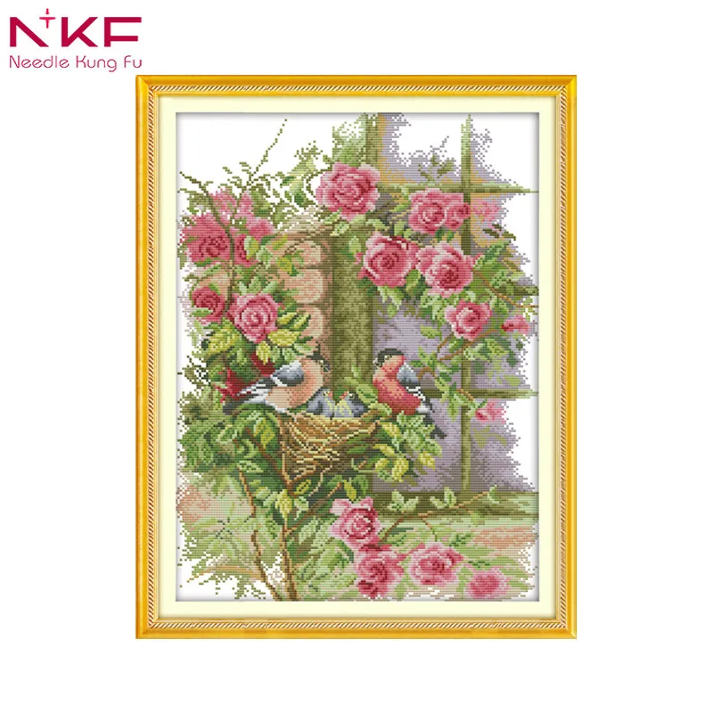 

Happy family Rose&bird home decor DIY handmade printed patterns on canvas cross-stitch kits embroidery needlework set DMC 14ct