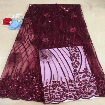 

New 3D French Nigerian sequins net lace,African tulle mesh Beads lace fabric high quality for wedding dresses 5 yards xc65-1951