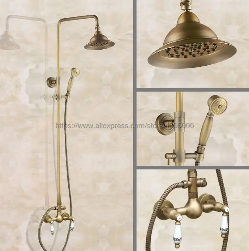 

Antique Brass Rainfall Shower Faucet Set Double Handle Bath Shower Mixer Taps Wall Mounted with Handshower Ban105