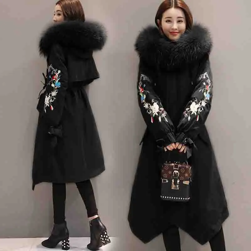 

Winter Women Down Cotton Jacket Big Fur Collar Hooded Thick Warm Long Overcoat Loose Fashion Casual Parkas Female New Coat Vs060