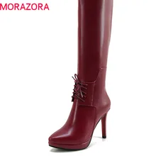 MORAZORA/Новое поступление года; ботинки с острым носком; женские сапоги до колена на молнии с коротким плюшем; сезон осень-зима; обувь на платформе и высоком каблуке