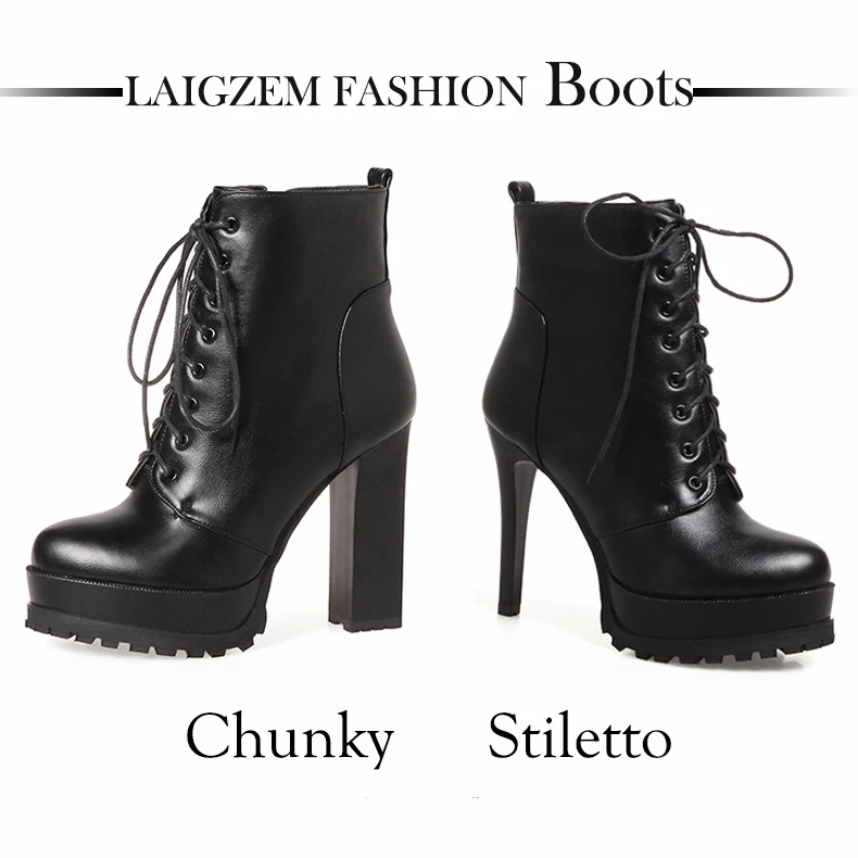 LAIGZEM FASHION Women Ankle Boots Platform Waterproof Lace Up Boots Chunky Stiletto Heels Botines Mujer Small Big Size 3-10.5 (3)