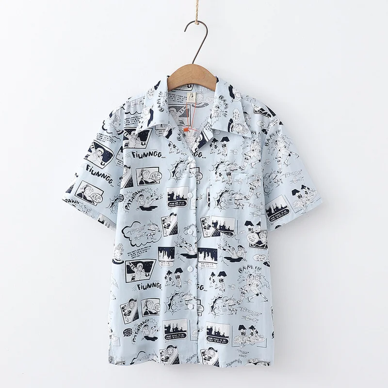 

New Summer Ullzang Chic Blouse Shirts Women Harajuku Short Sleeve Cartoon Print Loose Shirts Female All Match Cotton Blusas