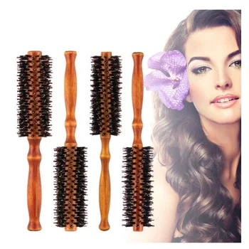 

2019 Bride Wavy Hair Comb Smoothness and Shine Red-Brown Wooden Boar Bristle Round Brush for a Perfect Blowout Hairdressing