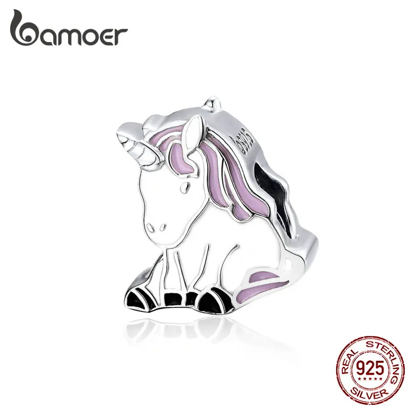 BAMOER 925 стерлингового серебра и эмали Lucky Charms Licorne животных, металлические бусины Подходит для Шарм серебряный браслет BSC074