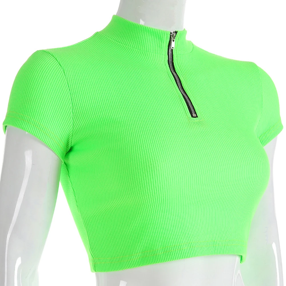 

Fashion Zipper Neon Green Knitted T shirt Women Short Sleeve Women Crop Tops Tees 2019 Summer Streetwear Tee Shirts