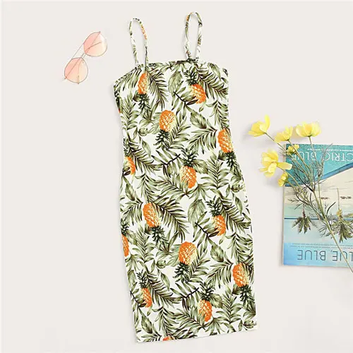 SHEIN платье на бретельках с тропическим принтом ананаса, многоцветное облегающее мини-платье без рукавов, женское летнее пляжное платье для отпуска - Цвет: Армейский зеленый