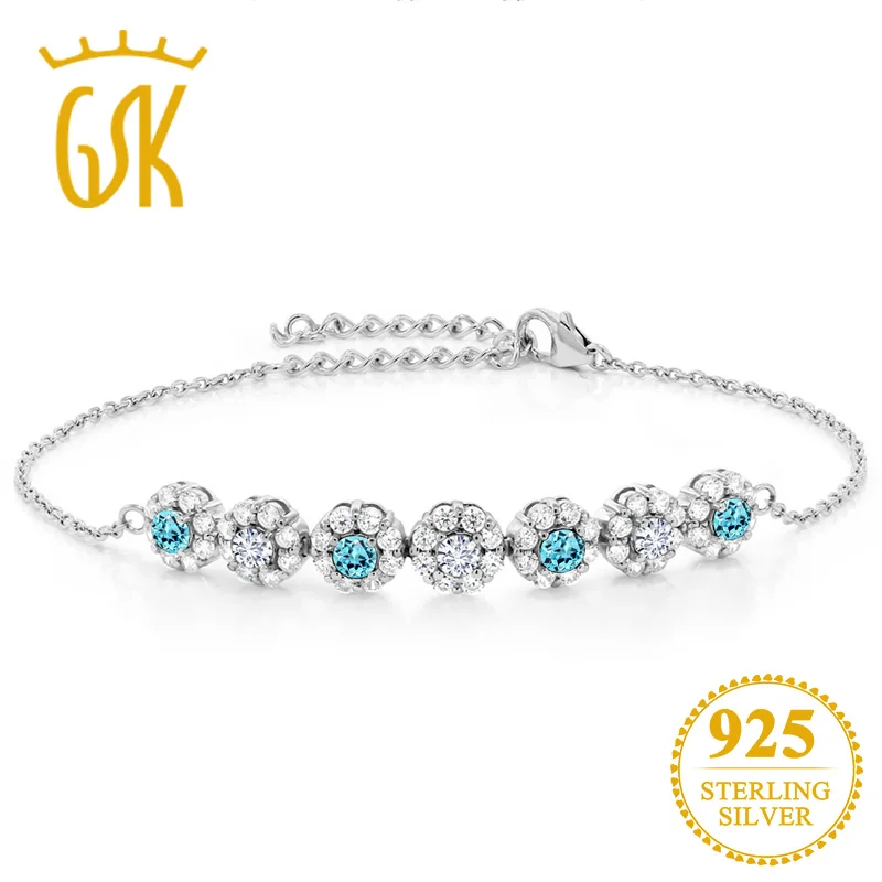 

GEMSTONEKING 925 Sterling Silver Bracelet Blue Topaz Created Moissanite IJK 0.48ct DEW For Women Fine Jewelry