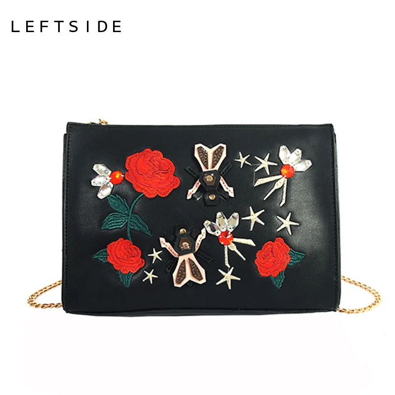 

LEFTSIDE 2017 Ladies PU Leather Envelope Evening Clutch Bag Embroidery Handbag Embroidered Shoulder Bags Women's Chain Rose Bag