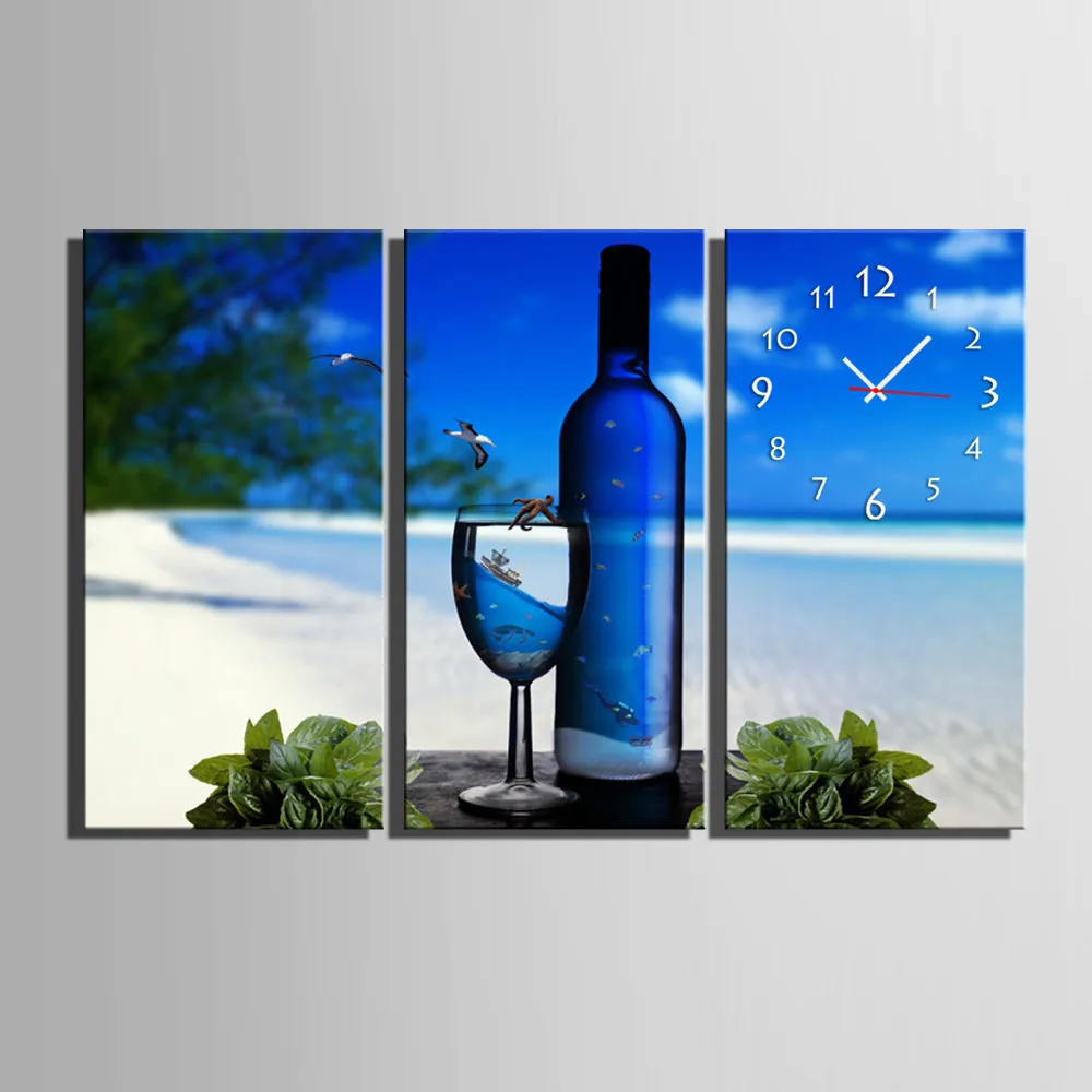 

Free Shipping E-HOME On The Beach Of The Wine And Blasses Clock in Canvas 3pcs wall clock