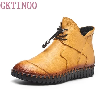 

GKTINOO New Women Genuine Leather Boots Handmade Flat Booties Soft Cowhide Women's Shoes Lace-Up Ankle Boots Female Winter