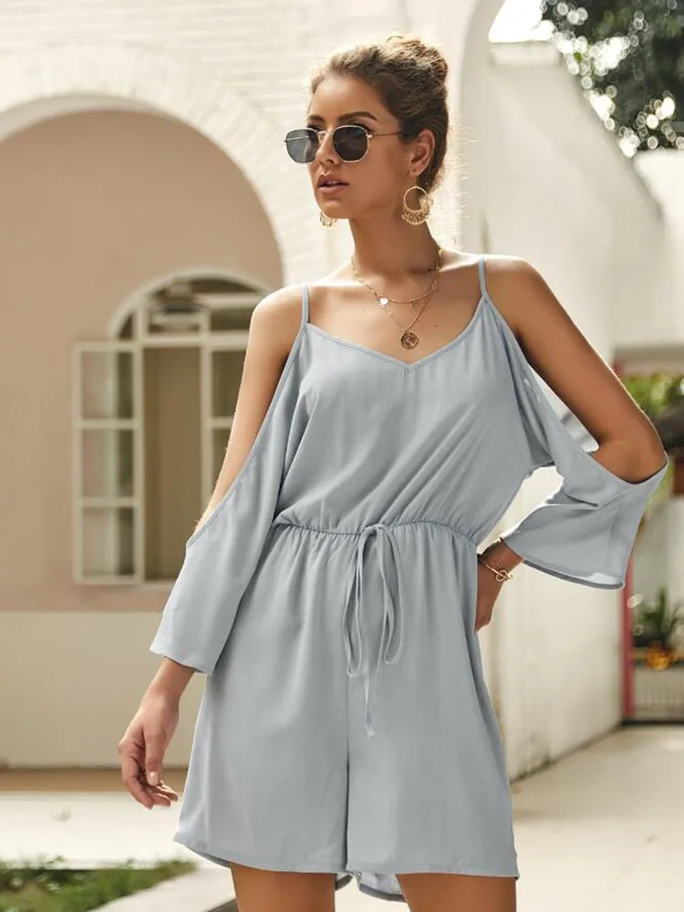 Woman causal sling Off Shoulder Summer Romper Chiffon hole playsuit long sleeve Party ladies V Neck top and shorts with blet Woman causal sling Off Shoulder Summer Romper Chiffon hole playsuit long sleeve Party ladies V Neck top and shorts with blet
