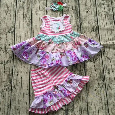 Летняя Одежда для девочек для маленьких детей бутики платье без рукавов с соответствующими шорты с рюшами и повязка на голову для девочки платье с цветочным рисунком комплекты - Цвет: pink