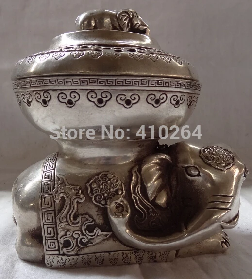 

Tibet Silver Buddhist 2 Dragon RuYi Elephant Statue Box Incense Burner Censer
