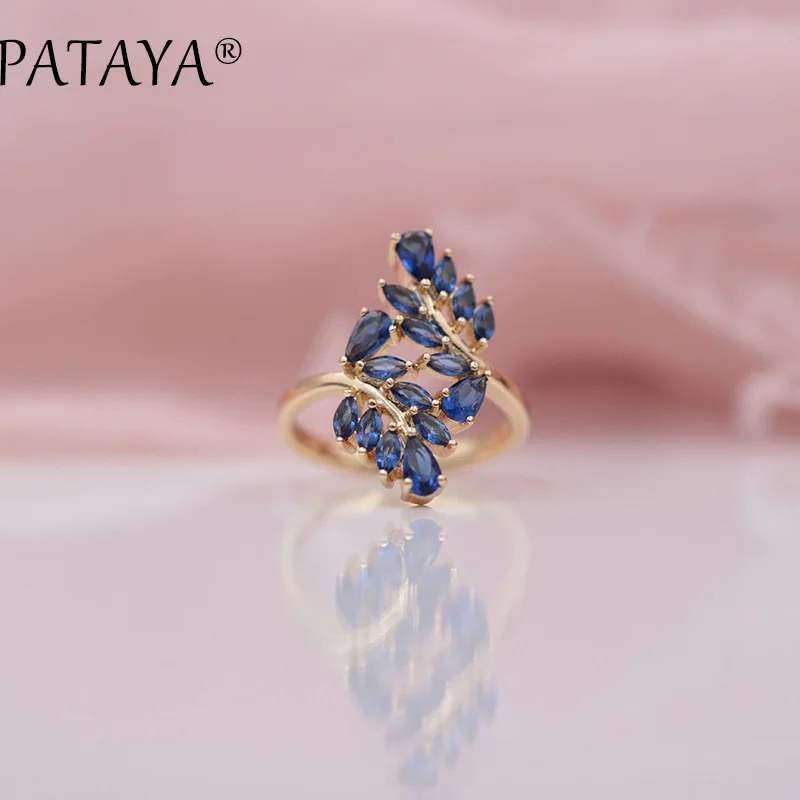 PATAYA New Arrivals Dark Blue Water Drop Horse Eyes Natural Zirconia Rings Women Luxury 585 Rose Gold Wedding Party Jewelry