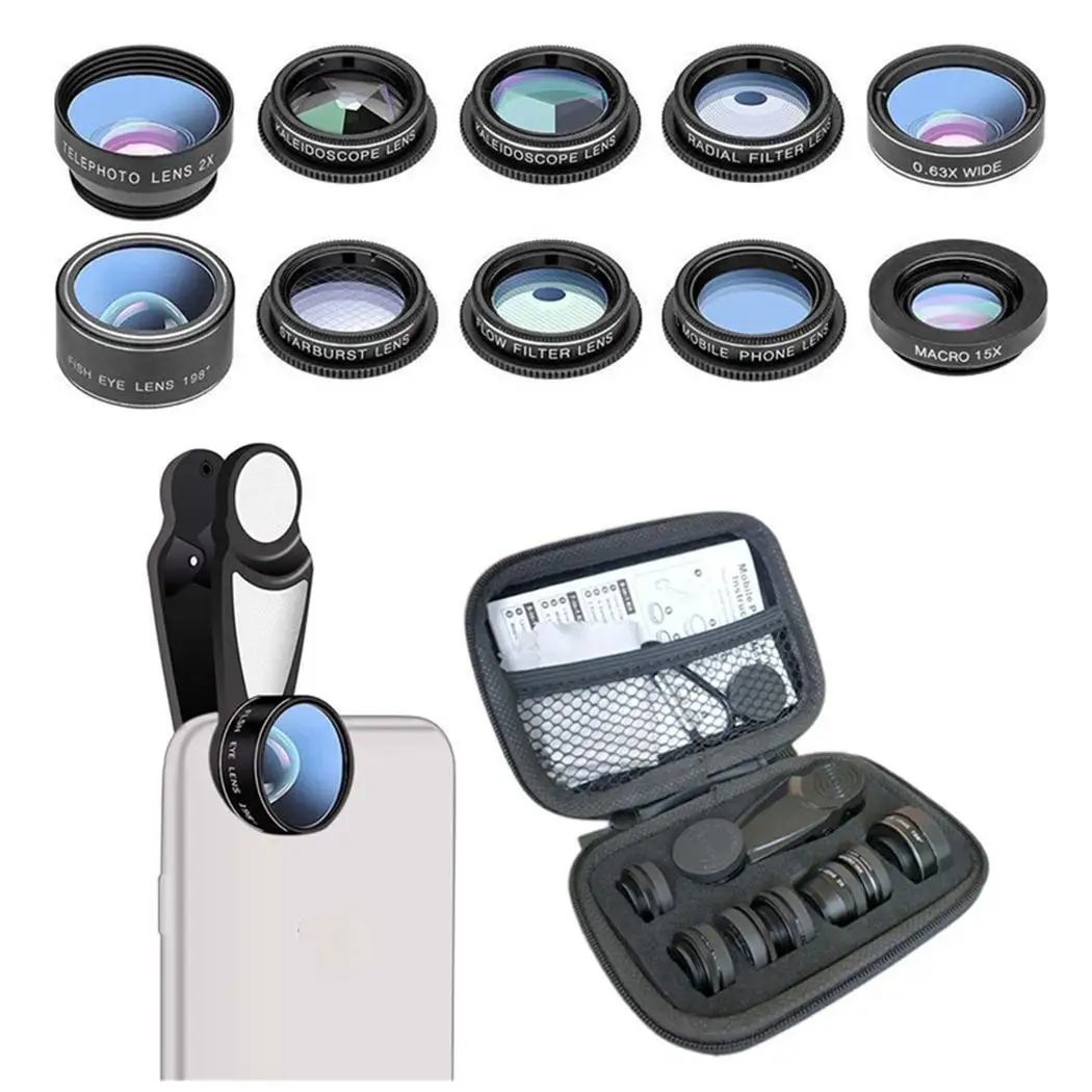 

10 in 1 Cell Phone Camera Lens Kit Wide Angle Lens Macro Lens Fisheye