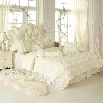 

4/6/8 Pcs White pink Jacquard Silk Cotton Luxury Bedding Set King Queen full Twin size Bed Set Lace Duvet Cover Bed Skirt Pillow