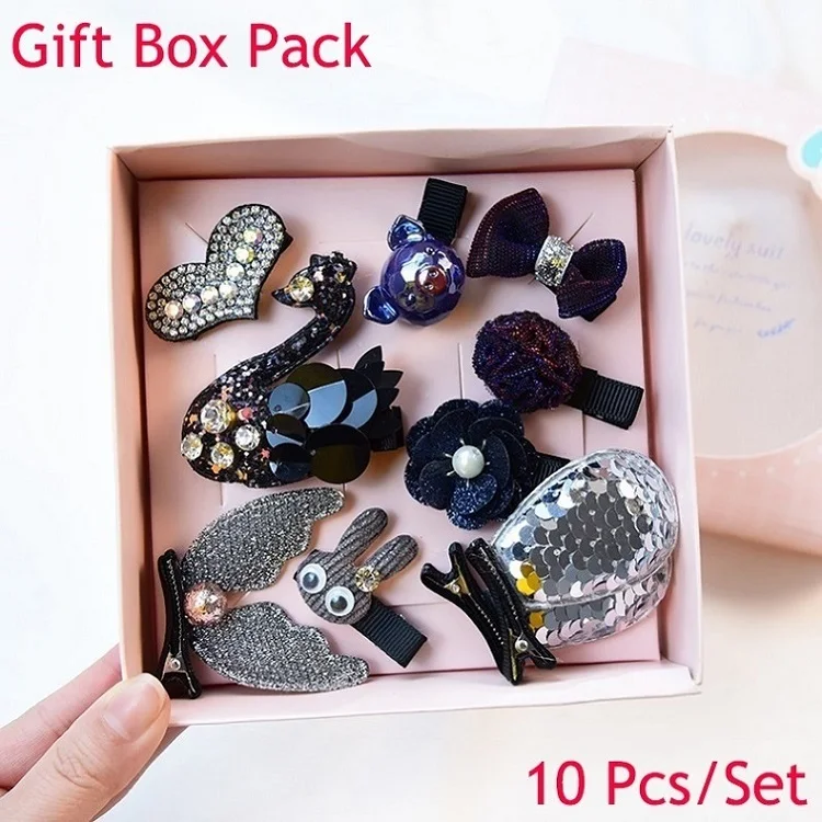 Swan-Black Gift Box 10 шт./Подарочная коробка блестящие детские заколки для волос Haarband аксессуары девушка шпилька принцесса тиара с бантиком головные уборы детские заколки - Цвет: Swan-Black Gift Box