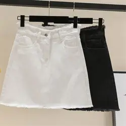 Плюс размер 5XL Женская джинсовая юбка 2019 лето с высокой талией повседневные Карманы мини джинсовая юбка A Line Базовая джинсовая юбка черный