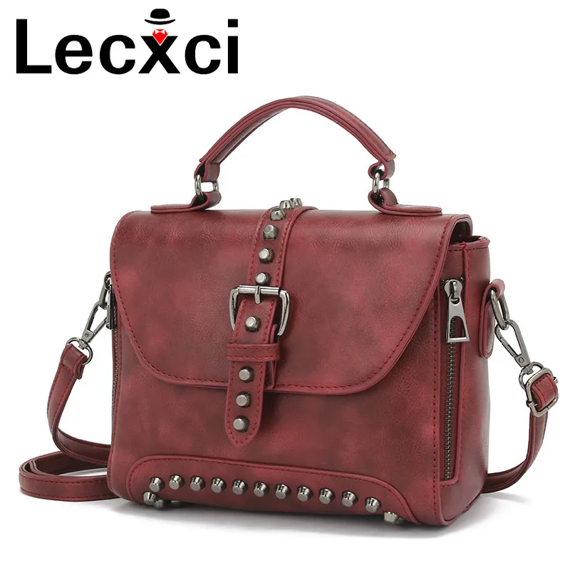 

Lecxci 2018 Crossbody Bags For Women Vintage shoulder Bag PU Leather Handbags Women Famous Brand Rivet Small Messenger Bags